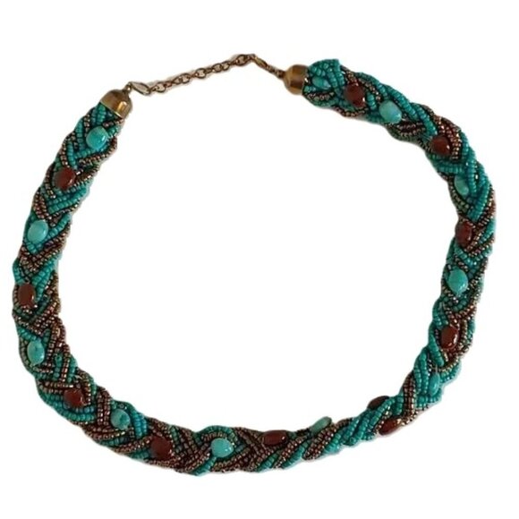 Twisted Rope Chunky Necklace Choker Turquoise Seed Bead Boho Statement Jewelry - Picture 7 of 7